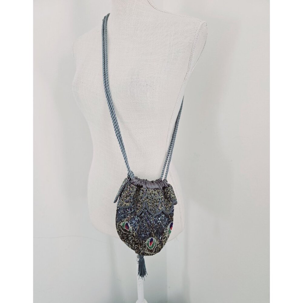 Peacock Beaded Satin Pouch Purse Crossbody Tapestry Strap Vintage Inspired Bird - Picture 2 of 11